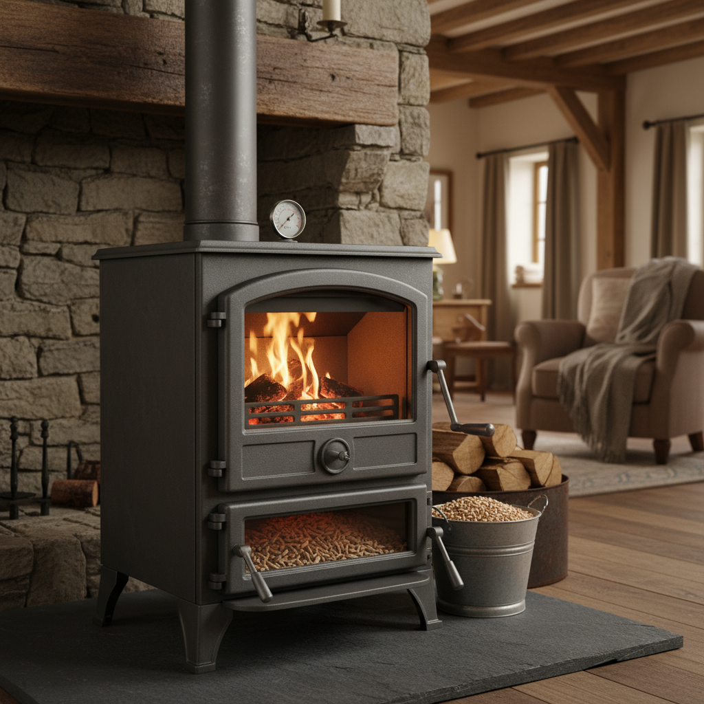 Poêle à granulés sans électricité dans un salon moderne